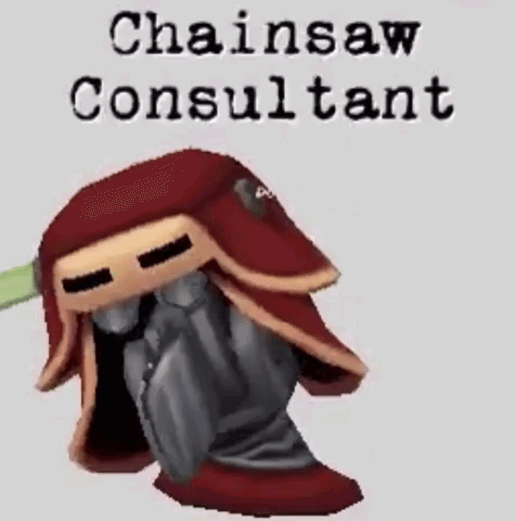 A looping animation of the Chainsaw Consultant lifting his head up and rolling his eyes. The left bulb on his hat is broken.